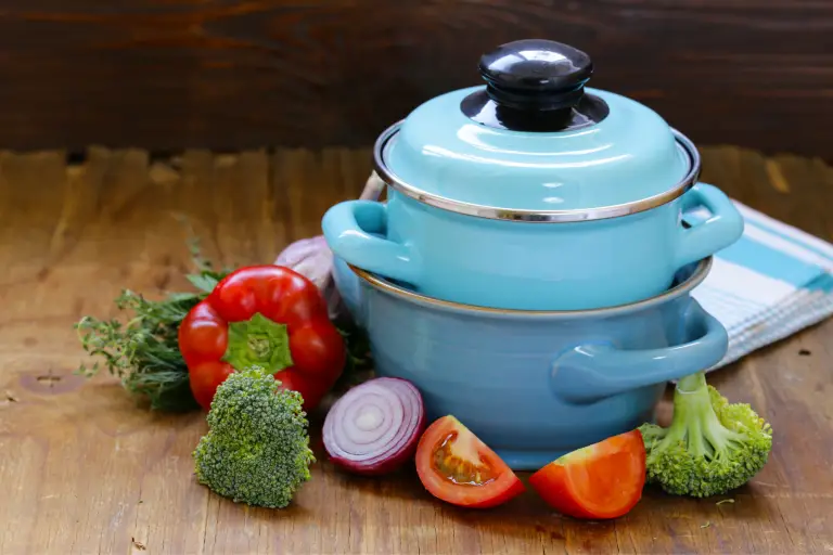 blue kitchen pots stacked