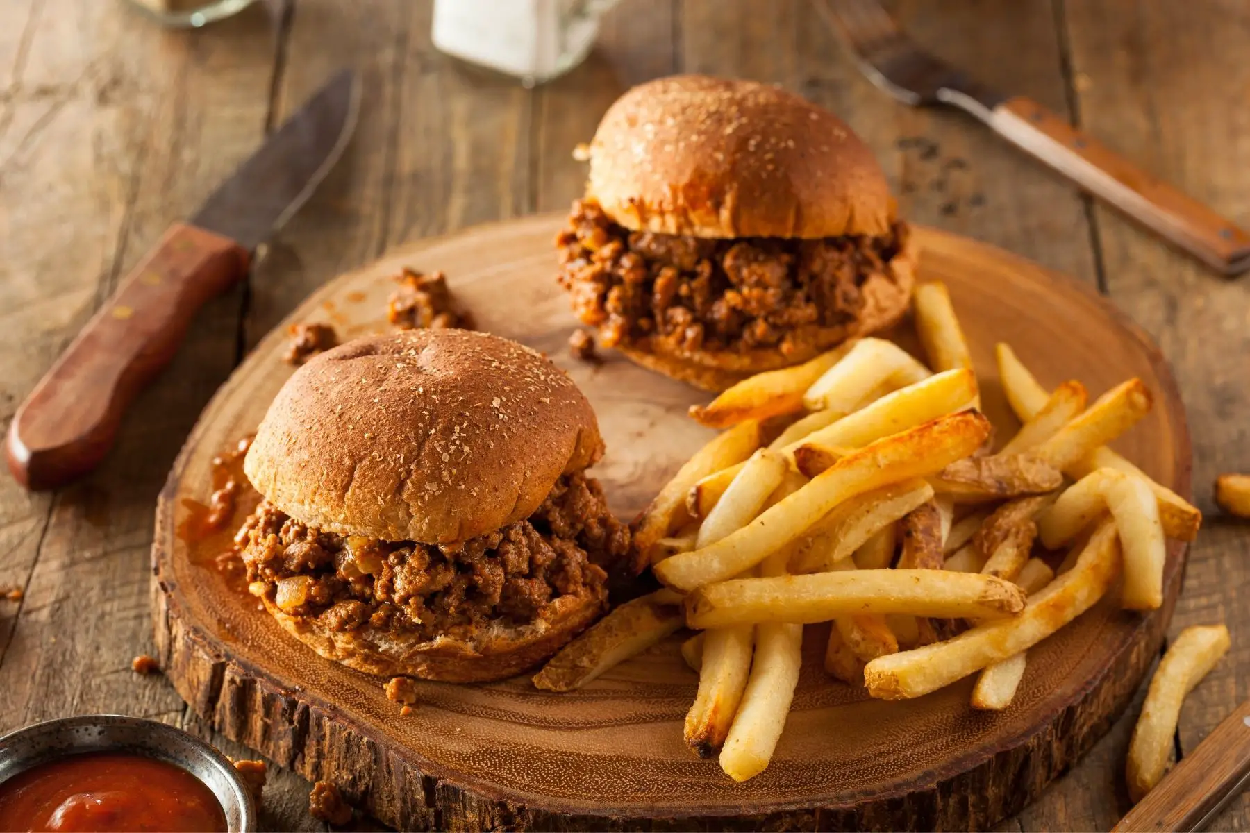 two sloppy joe burgers with fries