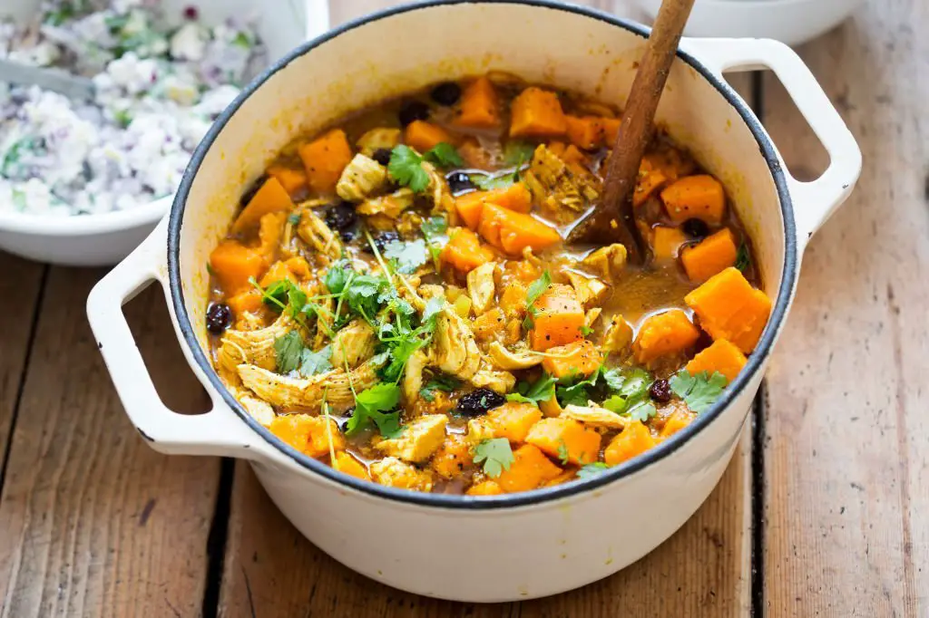 Chicken with cumin, turmeric and coriander with sweet potatoes